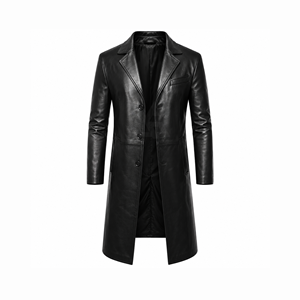 Abrigo Largo de Cuero Genuino Negro para Hombre, Chaqueta Clásica de Cuero con Botones, Prenda Exterior Premium para Invierno, Fabricación OEM ODM - Product Image 1