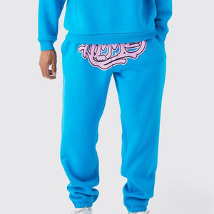 Men Blue Hooded <b>Tracksuit</b> <b>Set</b> Cotton Streetwear Casual Eco-Friendly Full Length <b>Pink</b> Logo Print Front Elastic Waist Side Pockets - Product Image 4