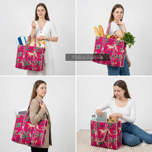 Bolso Tote de Algodón Acolchado Rosa con Estampado de Leopardo de la Selva, Bolso de Hombro de Gran Capacidad para Viaje, Estilo Boho Indio con Cierre - Product Image 3