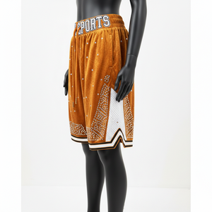 กางเกงบาสเก็ตบอลผู้หญิงผ้าโพลีเอสเตอร์พรีเมียม สีส้มขาว แต่งผ้าตาข่าย ปักโลโก้ ประดับเพชรแบบรีดร้อน - Product Image 3