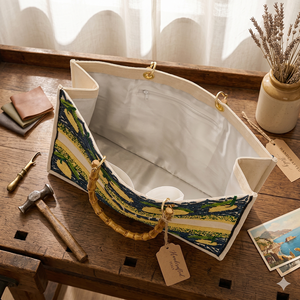 New Trending Women's Embroidered Canvas Clutch Bag Bamboo Handle Beaded Tote Purse Open Top for Wedding <b>Beach</b> Travel - Product Image 5