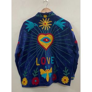 Hand Embroidered <b>Velvet</b> Cotton <b>Jacket</b> <b>Women</b> Mandarin Collar Full Sleeve Winter Bohemian Eye Pattern Open Front Coat - Product Image 2
