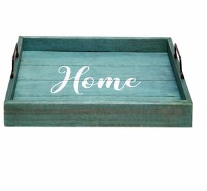 Plateau de service en bois de style rustique avec élégantes poignées en métal et motif imprimé décoratif, idéal pour la décoration intérieure et le café. - Product Image 1