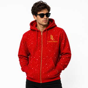 Sweat à capuche zippé pour homme avec imprimé étoile rouge, sweat à capuche personnalisé style strass, sweat à capuche décontracté streetwear à fermeture éclair intégrale - Product Image 1