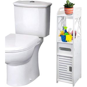 Scaffale da Bagno a 4 Ripiani Autoportante, Organizzatore per Armadio con 2 Ante Intagliate, Mobile Decorativo per la Casa - Product Image 1