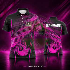 Polo homme personnalisé imprimé numériquement, motif 8 Ball noir et rose, manches courtes, style sportif, col boutonné - Product Image 1
