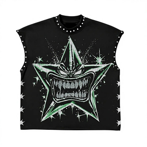 Unisex Eco-Friendly Quick Dry Breathable Loose Fit Short Sleeve Tank Top Rhinestone <b>Studs</b> HD Print Knitted Washed 100% Cotton - Product Image 1