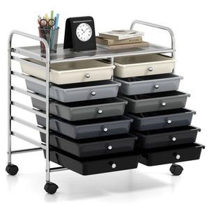 Carrello Portaoggetti Multicolore a 12 Cassetti, 2 File, 10 Livelli con 4 Ruote (2 con Freno) Grigio - Per Organizzazione e Uso in Ufficio e Casa - Product Image 1