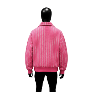 Chaqueta Varsity de Lana Rosa a Rayas Personalizada para Hombre, Chaqueta Bomber con Puños Acanalados y Botones, Abrigo de Invierno Estilo Urbano, Venta al por Mayor, Abrigo de Otoño - Product Image 2