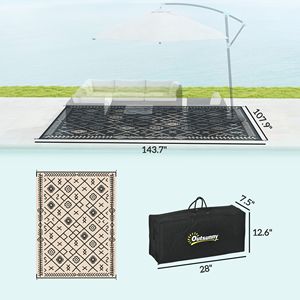 Tappeto da Esterno Reversibile 9FT X 12FT Impermeabile Nero e Beige con Motivo a Rombi e Borsa per il Trasporto con Motivo a Paglia - Product Image 3