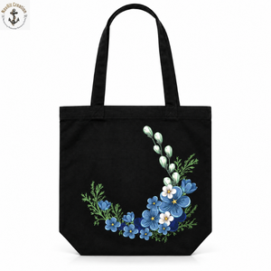 Bolsa de Lona Negra con Estampado Floral Azul y Asas Largas |   Bolsa de compras botánica para uso diario y viajes diarios - Product Image 1