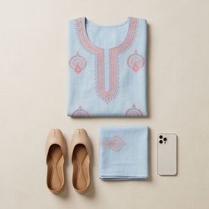 Conjunto de traje de algodón azul fresco para mujer con diseño Chikankari bordado a mano - Product Image 5