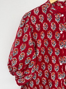 Women's Red Floral Print Cotton <b>Shirt</b> Dress Mandarin Collar Tiered Maxi Dress Puff Sleeve <b>Boho</b> Casual Flowy Summer Dress - Product Image 4