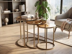 โต๊ะซ้อนกระจกรมควัน โครงโลหะรูปตัว C ชุดเฟอร์นิเจอร์กาแฟทรงกลม - Product Image 4
