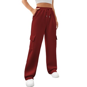 Women's Mid Waist <b>Skinny</b> Fit Cargo Pants French Terry Heavyweight Printed Elastic Waist Winter Full Length Red Sweatpants - Product Image 1