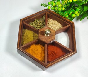 Handmade Wooden <b>Spice</b> Box, Indian Masala Dabba With 7 Compartments <b>Spice</b> Box: Hexagonal Wooden Serving <b>Tray</b> with Glass Lid - Product Image 1