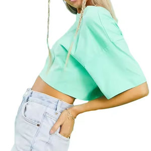 T-shirt décontracté pour femme, vert menthe, coupe courte, manches courtes, col rond, coupe ample, en jersey tricoté, printemps-été - Product Image 2
