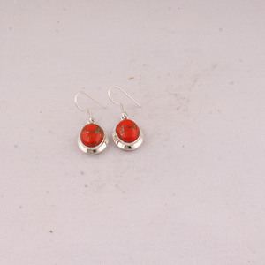 925 Sterling Silver <b>Red</b> Copper Turquoise Vintage Engagement Drop <b>Earrings</b> Bezel Set Oval Gemstone Jewelry - Product Image 3