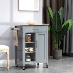 Carrello da Cucina Compatto dal Design Moderno, Regolabile, Grigio, con Ruote, Impermeabile, in Legno di Quercia e Marmo - Product Image 1