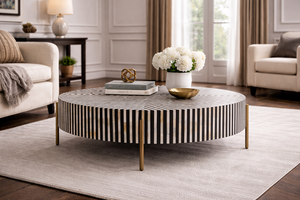 Modern <b>Round</b> Coffee <b>Table</b> Black and <b>White</b> Striped Metal Legs Handmade Wood Top Living Room Furniture - Product Image 2