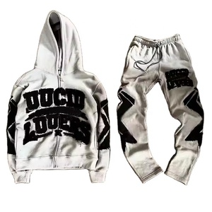 OEM Manufacturer Sweatsuit Jogging Zipper Track Suit <b>Set</b> Acid Wash Distressed <b>Embroidery</b> Patch Flared Sweatpants Hoodie <b>Sets</b> - Product Image 4