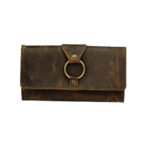 Vintage Distressed Leather Wallet for Women Antique Brass Ring Closure <b>Long</b> Clutch Organizer Rustic Western Style Handcrafted - Product Image 1