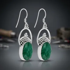 Boucles d'oreilles ovales en argent véritable avec émeraude verte et quartz, serties clos, bijoux pour femmes - Product Image 4