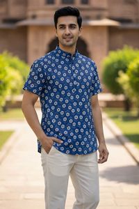 Kurta Corta Étnica India y Pakistaní para Hombre, Kurta de Algodón Estampado, Diseño Elegante, Ropa Tradicional para Bodas y Fiestas - Product Image 3