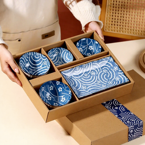 Premium 5-Piece Japanese Style Blue and White Ceramic Dinnerware <b>Set</b> with Elegant Gift Box - Underglazed Porcelain Plate and Bow - Product Image 6