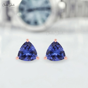 Boucles d'oreilles clous en tanzanite véritable, en or rose massif 14 carats, avec pierres précieuses taille tréillis de 4 mm, pour femme - Product Image 1