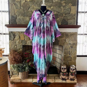 ชุดเดรสคาฟทันผ้าเรยอนย้อมสีเทอร์ควอยซ์แบบชิโบริ ไซส์พลัส สไตล์โบโฮ สำหรับคลุมชุดไปทะเล - Product Image 1