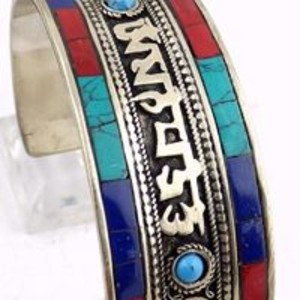 Auspicious Buddhist Mantra Carved <b>Copper</b> Alloy Silver Plated Men's Fashion <b>Bangles</b>-Gift - Product Image 1