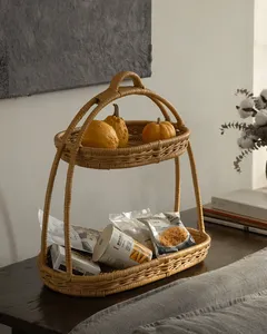 Nouveauté : Panier de rangement à deux niveaux en rotin, support rectangulaire en osier naturel, étagère organisatrice pour la décoration du comptoir de cuisine - Product Image 1