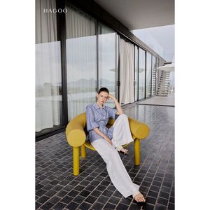 Chemise en lin rayée élégante pour femme, coupe ample, manches larges, ceinture, effet délavé, respirante, légère, pour le bureau, le quotidien, les vacances, le printemps A8133 - Product Image 3