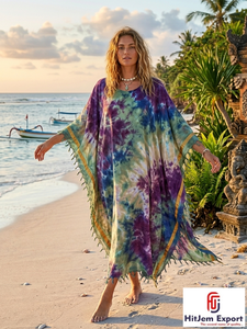 Vestido Kaftán Boho Tie Dye Personalizado para Mujer, Manga Murciélago, Largo hasta el Tobillo, Traje de Playa, Ropa de Verano para Resort, Fabricante OEM ODM - Product Image 3