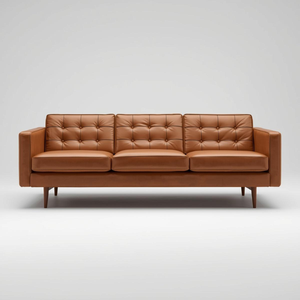 Sofá de Cuero Cognac de Mediados de Siglo con Respaldo Acolchado, Sofá Moderno de 3 Plazas para Sala de Estar, Muebles de Cuero Genuino de Lujo - Product Image 1