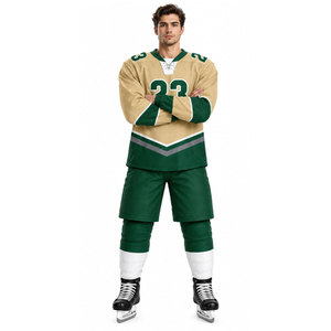 Ensemble de maillot de hockey sur glace pour homme, vert et or, imprimé par sublimation, évacuation de l'humidité, manches longues, uniforme adulte, col en V, coupe classique - Product Image 2