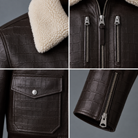 Veste en cuir véritable marron foncé pour homme, motif croco gaufré, col en sherpa, multi-poches, fermeture éclair intégrale, mode hiver, style motard
