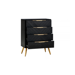 Black Wooden <b>Tallboy</b> Cabinet With Chevron Pattern Drawers, Gold Handles And Tapered Legs For Modern Bedroom Storage - Product Image 1