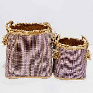 Paniers de rangement en rotin naturel rayé violet avec poignées, rectangulaires, style folklorique, multi-usages, décoration intérieure - Product Image 2