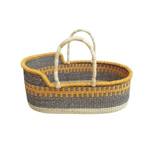 Distinct yellow and dark multi-stripe pattern seagrass <b>changing</b> <b>basket</b> together with rattan <b>changing</b> kid <b>basket</b> and light handle - Product Image 1
