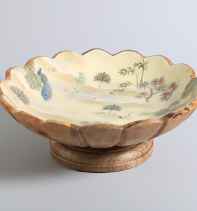 ชามไม้ลายดอกไม้และนกสีฟ้า งานฝีมือตกแต่งภายในสไตล์ดั้งเดิม - Product Image 5