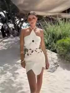 Women's Woven Halter Swimdress Solid Color Hollow Out Cutout <b>Skirt</b> Beachwear Summer Style 1 Piece Breathable - Product Image 2