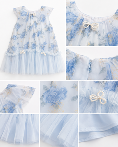 Vestido de Fiesta de Tul Azul con Estampado Floral para Niñas, con Adorno de Lazo de Perlas, Estilo Dulce con Dobladillo de Tul en Línea A, para Primavera - Product Image 3