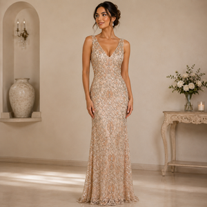 Luxury Champagne Lace Embroidered <b>Sequin</b> Evening Gown Women Elegant Regular Sweetheart Neck Formal Party Wedding Reception - Product Image 2