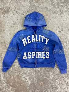 Sweat à capuche streetwear vintage pour homme, épais, avec fermeture éclair, appliqué en strass personnalisé et patch brodé - Product Image 4