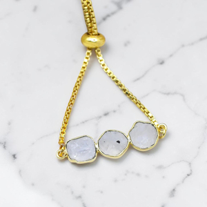 Handmade Raw Rainbow Moonstone Brass Gold Plated Three Stone Rough <b>Gemstone</b> <b>Bracelet</b> Minimalist Boho Jewelry Birthstones - Product Image 2
