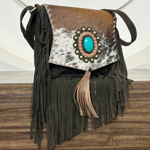 2025 dernière vente chaude femmes luxe qualité Top matériel peau de vache daim cuir bandoulière frange sac à main Turquoise pierre sac à main - Product Image 4