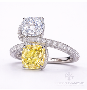 18K White Gold Toi et Moi Engagement Ring Fancy Yellow and White Cushion Cut Diamond Luxury Crossover Statement Band - Product Image 2
