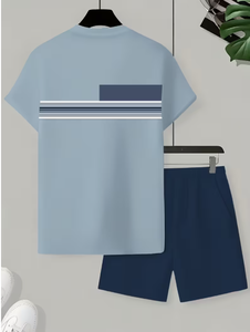 Men Summer <b>T</b> <b>Shirt</b> and Shorts Set Light Blue Striped Crew Neck Knitted Casual Breathable Two Piece Outfit - Product Image 1